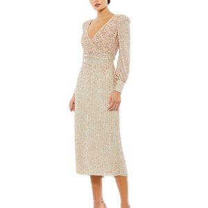 Mac Duggal Beige Embellished Long Sleeve Dress